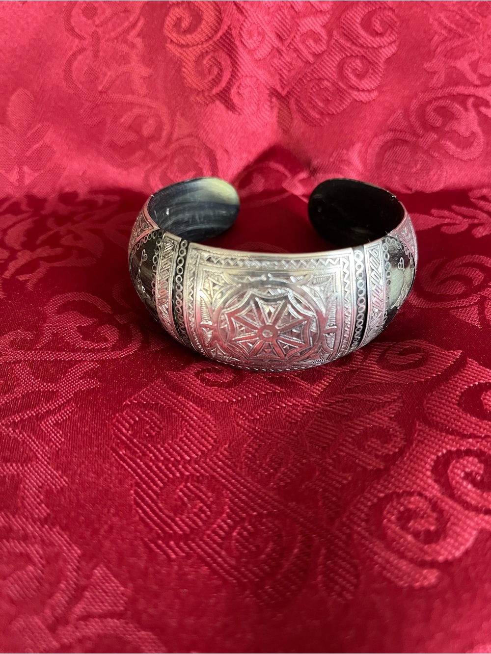Sterling-Style Silver inlay on cow horn cuff bracelet from Dakar Senegal.